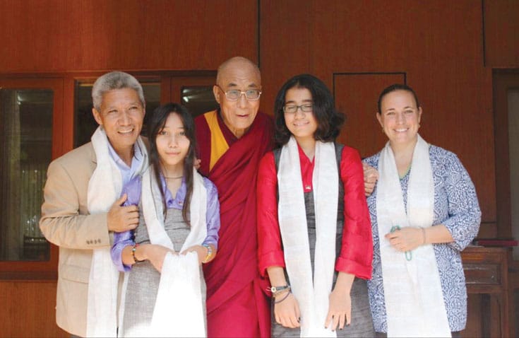 Jinpa, his daughters Tara and Khandro, and his wife, Sophie Boyer Langri, with His Holiness.