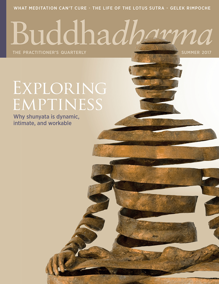 Buddhadharma magazine cover. It shows a statue that is made through coils and swirls of metal.