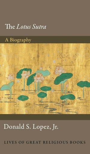 Book cover for The Lotus Sutra. The top and bottom of the book are brown, with a painting in the middle of the page.