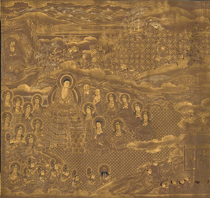 A painting of the Buddha being presented a jewel.