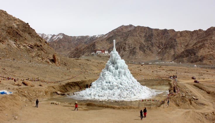 Ice Stupa melting in Ladakhi desert.