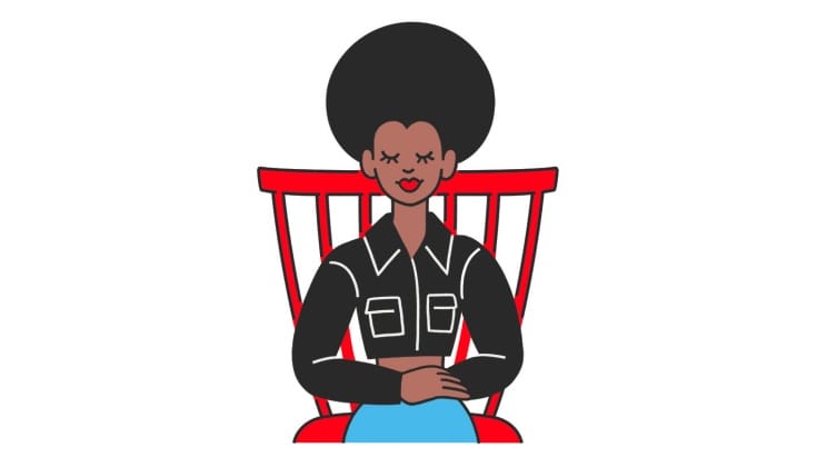 A cartoon of a woman sitting with her hands crossed on her lap.