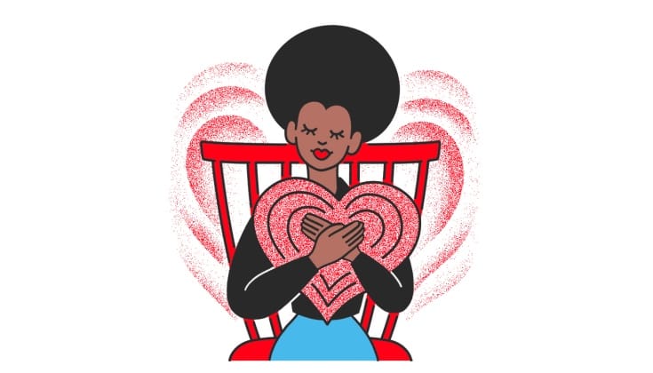 A cartoon of a woman hugging a giant heart.