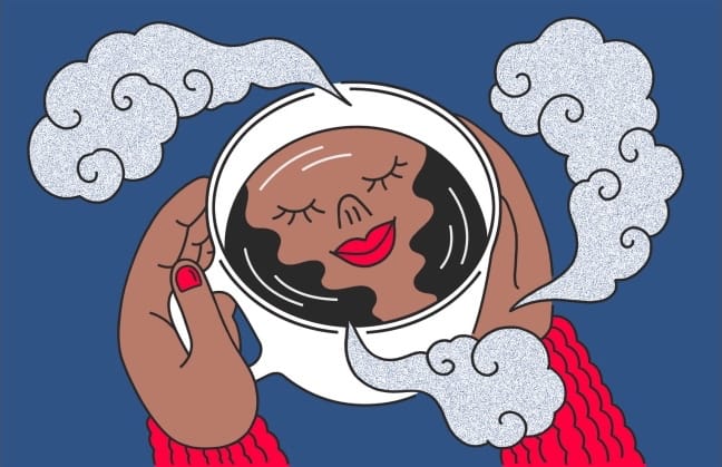 Woman meditating with cup of tea