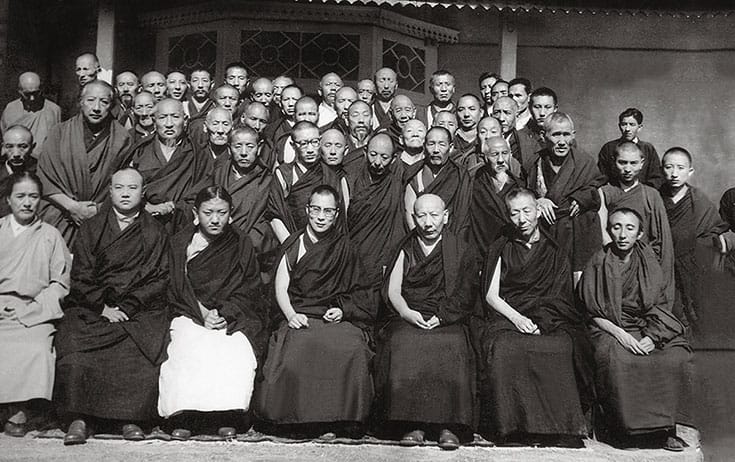 Conference of all Tibetan Buddhist traditions, 1963. In the front row, from left to right are Dudjom Rinpoche, the Sixteenth Karmapa, the Sakya Trizin, the Dalai Lama, Ling Rinpoche, Trijang Rinpoche, and Bakula Rinpoche. © Homai Vyarawalla.