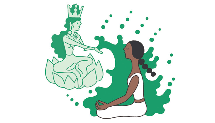 Illustration of woman meditating in front of Green Tara.