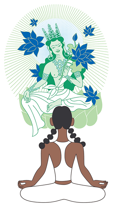 Illustration of woman meditating in front of Tara.