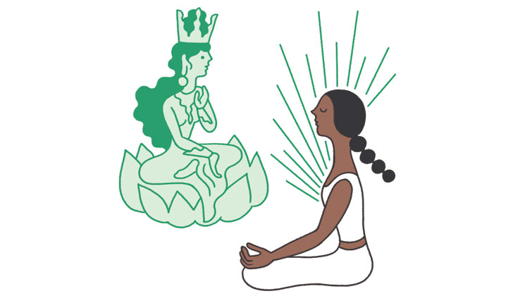 Illustration of woman meditating in front of Green Tara.