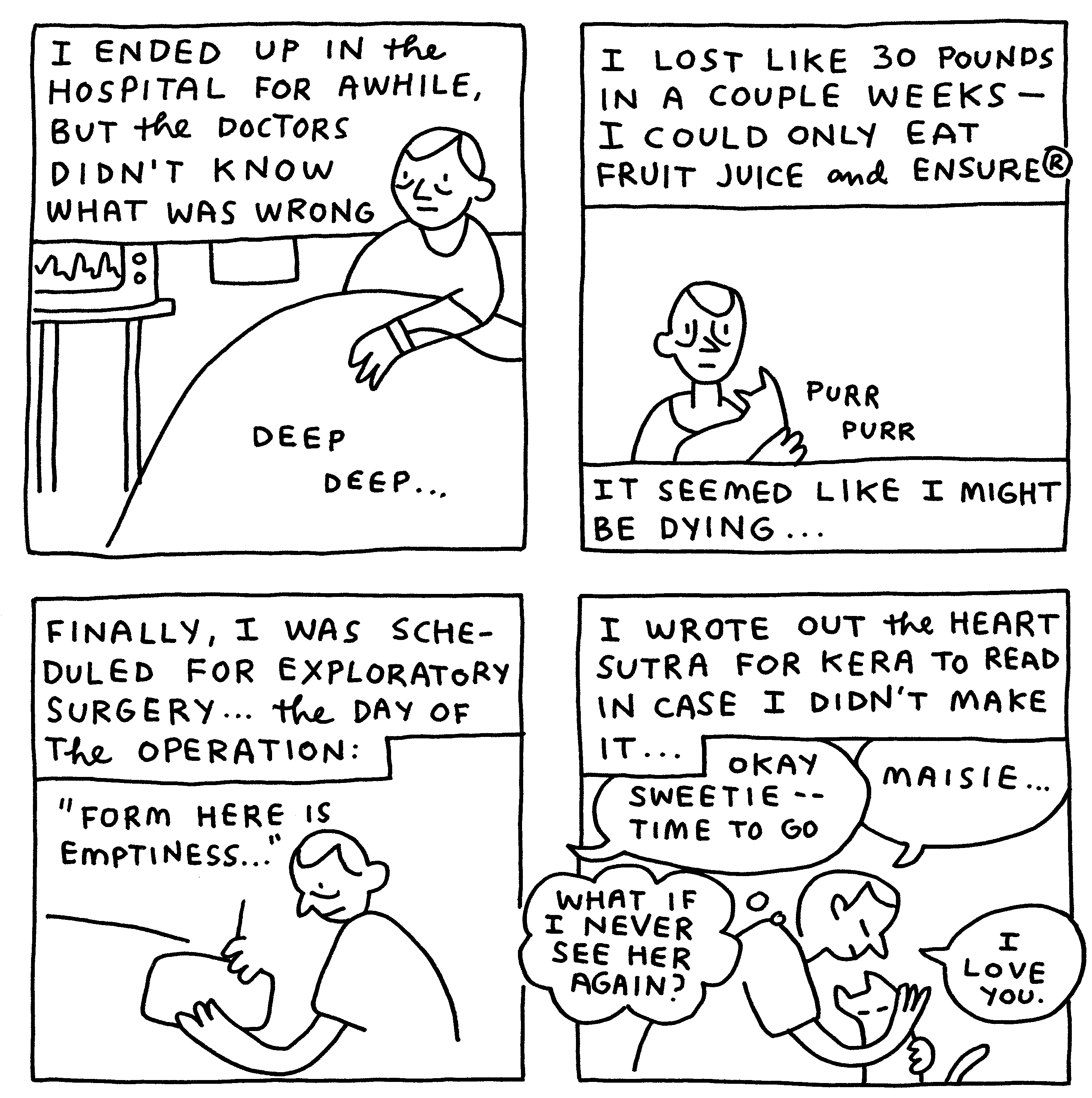 Comic strip of a man talking to his cat, getting sick, and reading the Heart Sutra in the hospital.