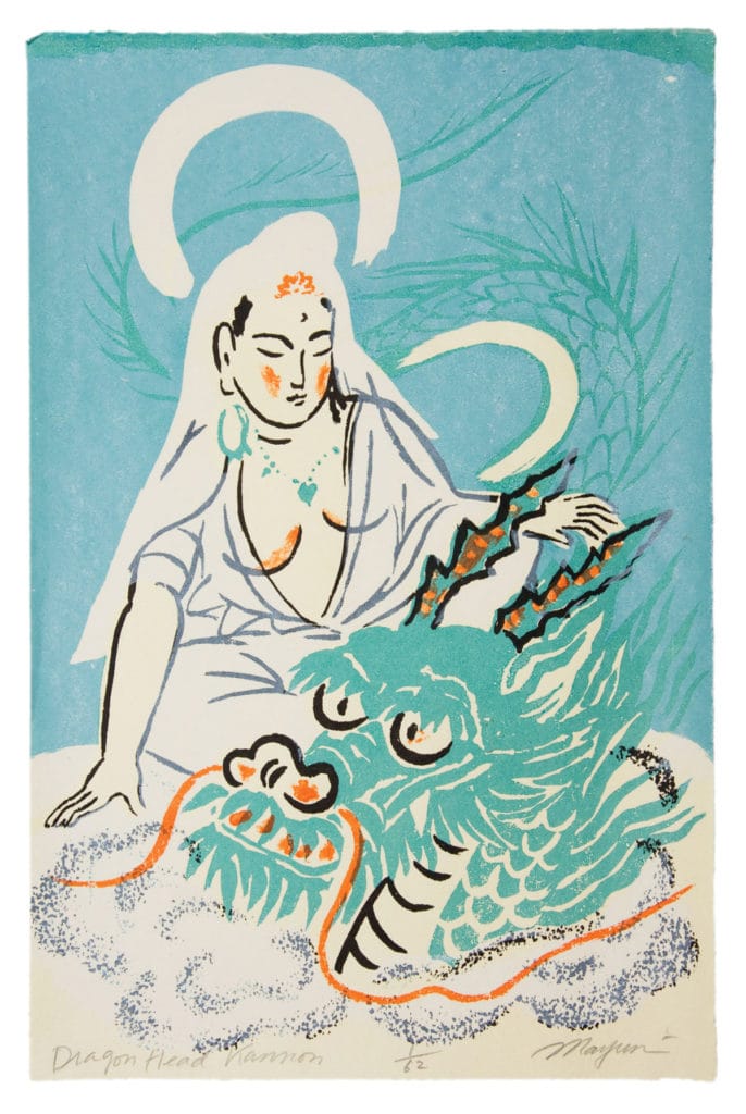A painting of a female figure sitting next to a dragon head.