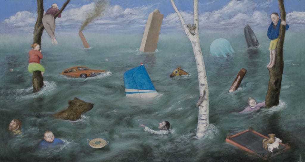 A painting of a flood. There are people swimming and climbing trees, with cars sinking in the water.