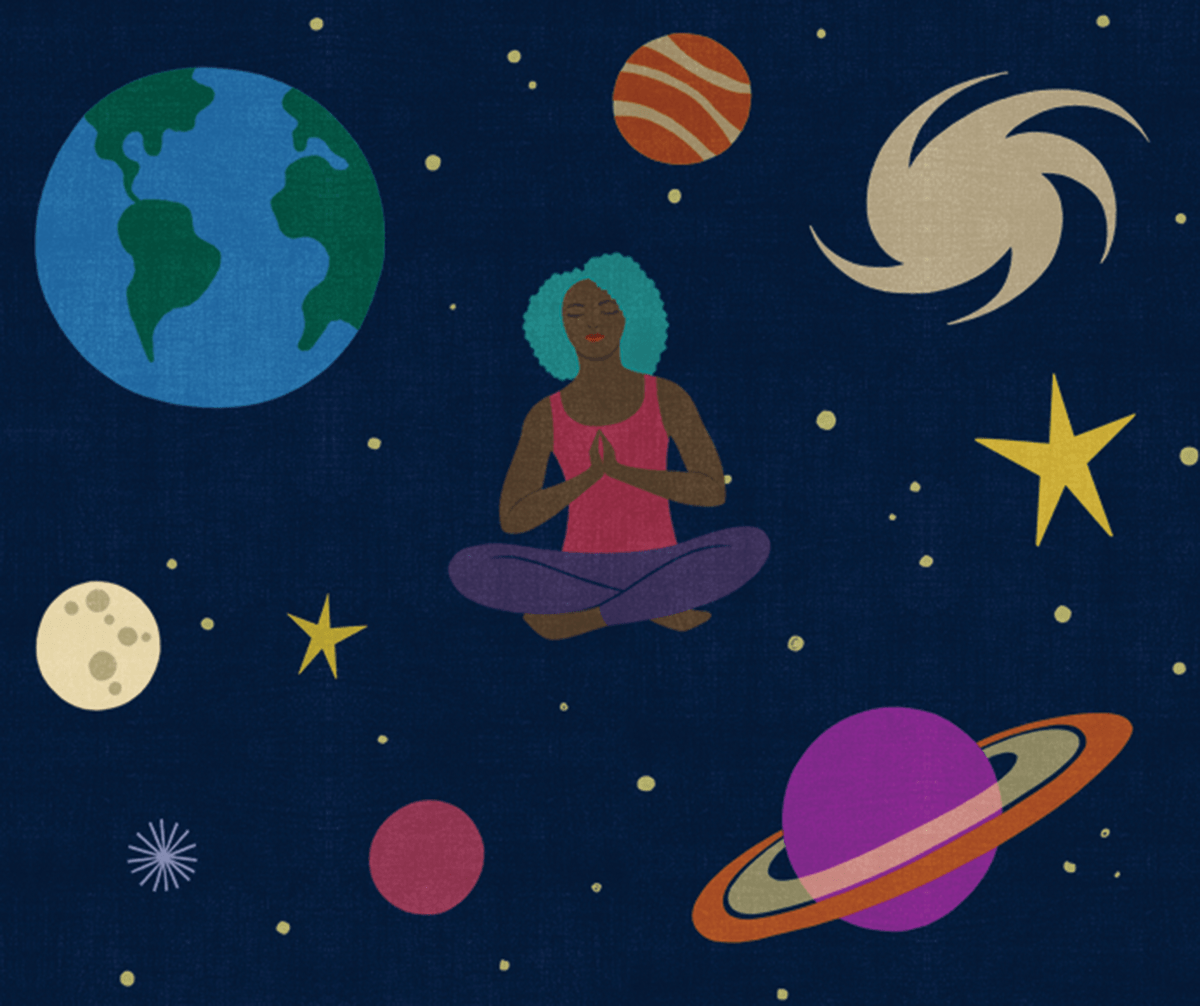 Illustration of woman meditating in the galaxy