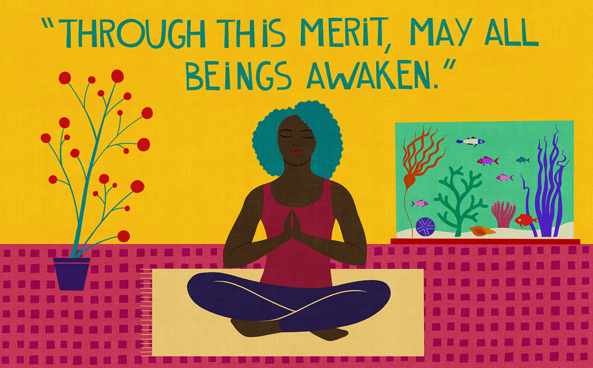 Illustration of woman meditating, "Through this merit, may all beings awaken."