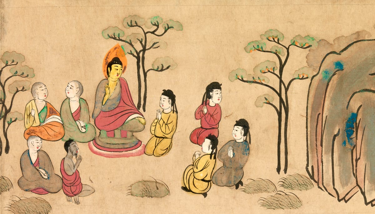 Painting of the Buddha preacahing. There are people sitting by the Buddha.