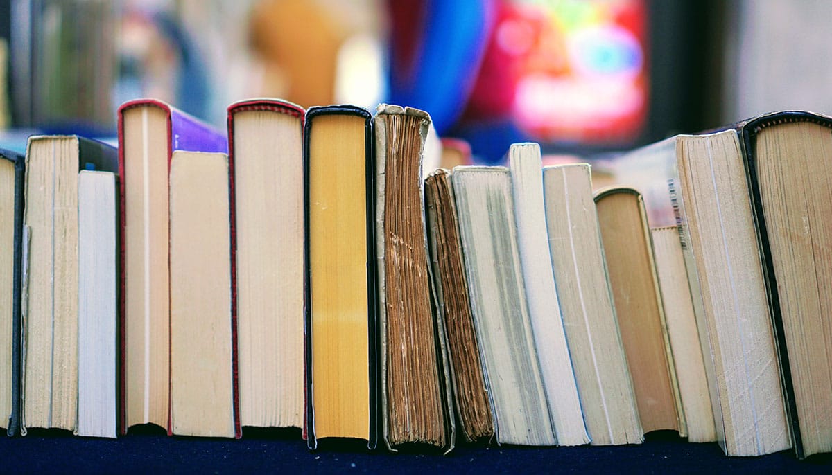 Photo of books lined up.