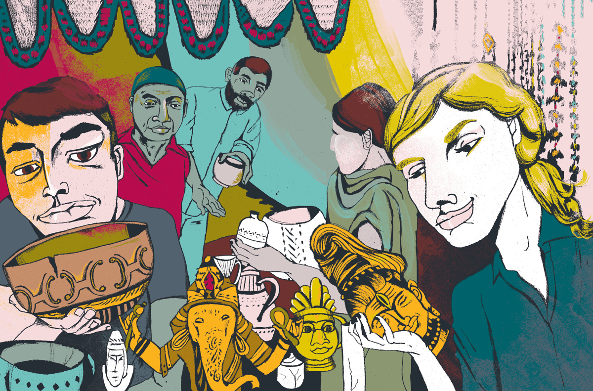 Illustration of people at a market by Kim Rosen.