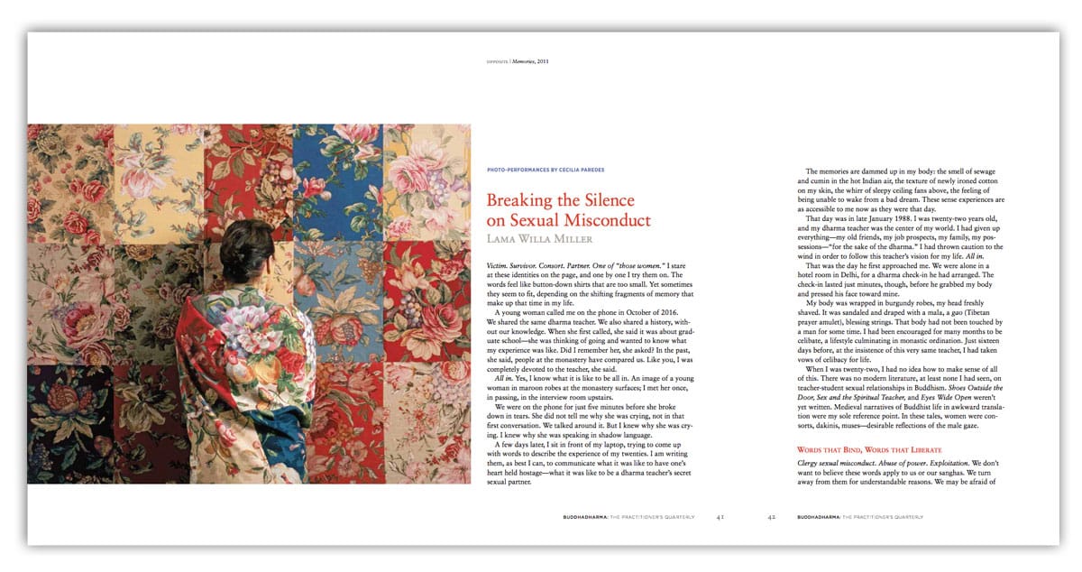 Side by side magazine article. The left shows a woman standing in front of a quilted pattern and the right side shows an article.