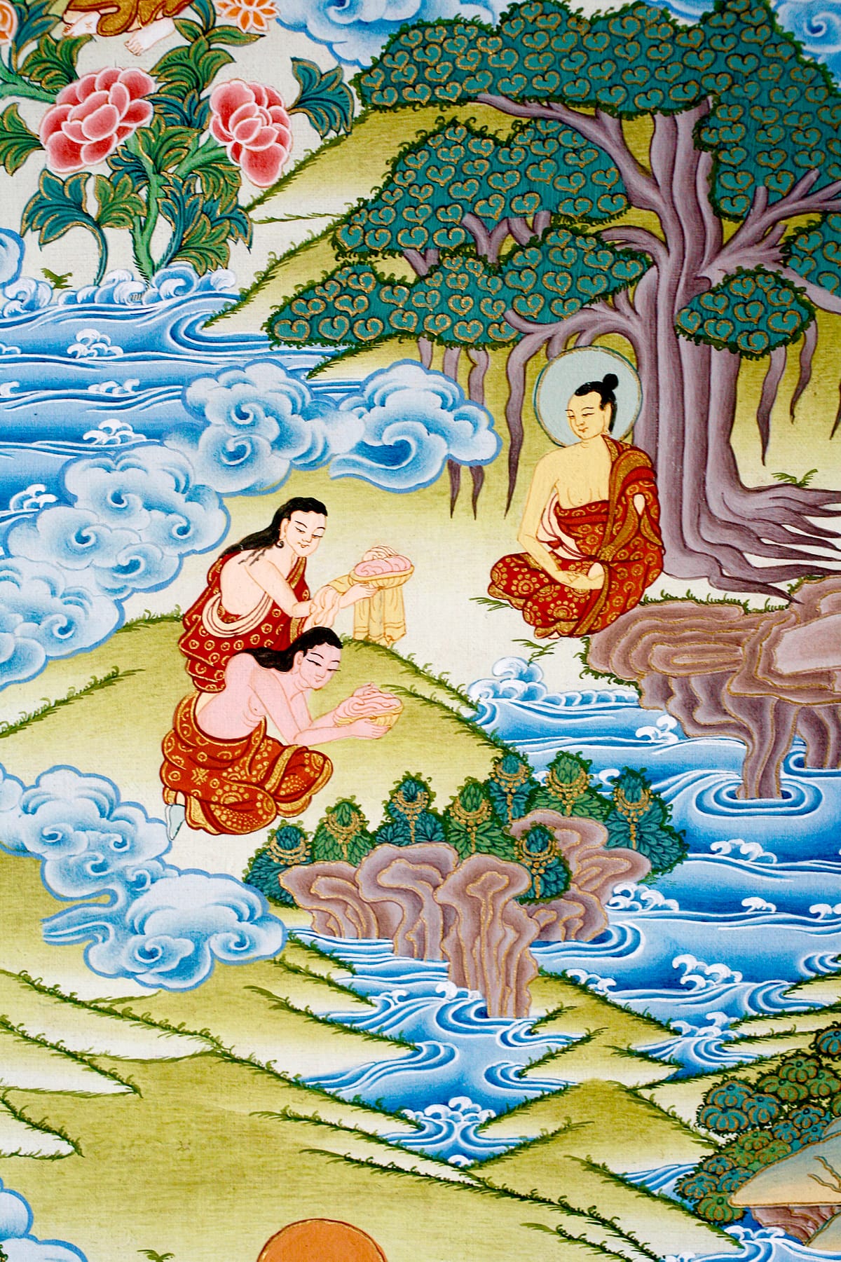 Painting of Sujata offering rice to the Buddha.