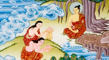 Painting of Sujata offering rice to the Buddha.