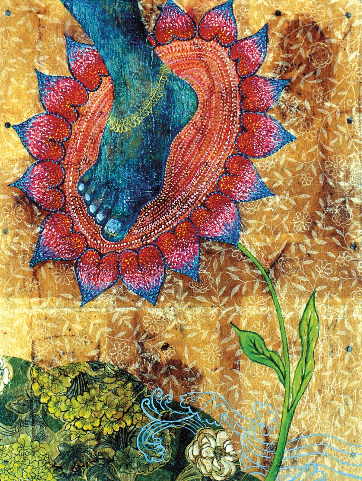 A painting of a blue foot standing on the center of a red flower.