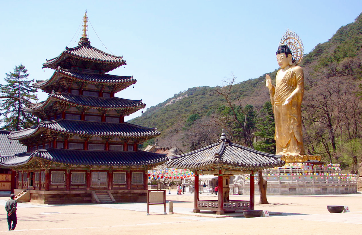 Korean Pagoda and Buddha statue.
