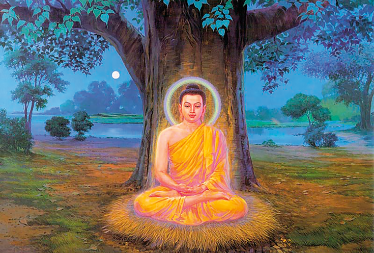 Buddha meditating in front of a tree. There is a halo around his head.