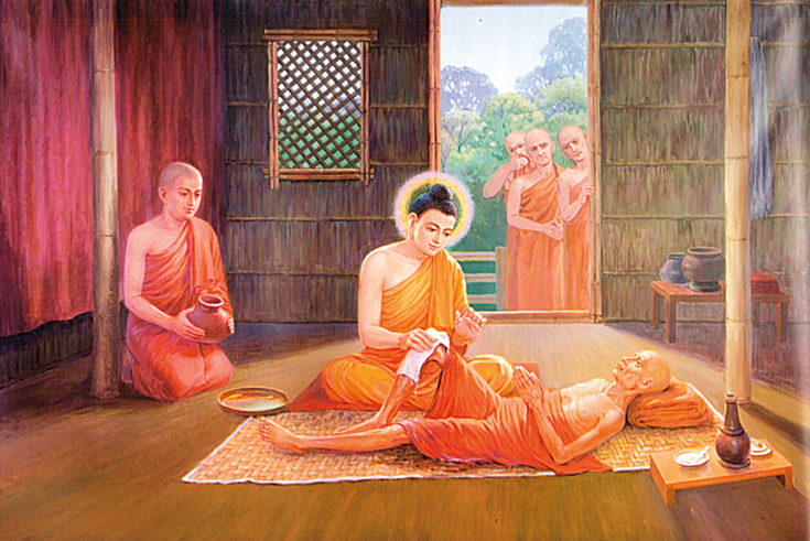 The Buddha healing a sick person. All the people in the painting are wearing monks robes.