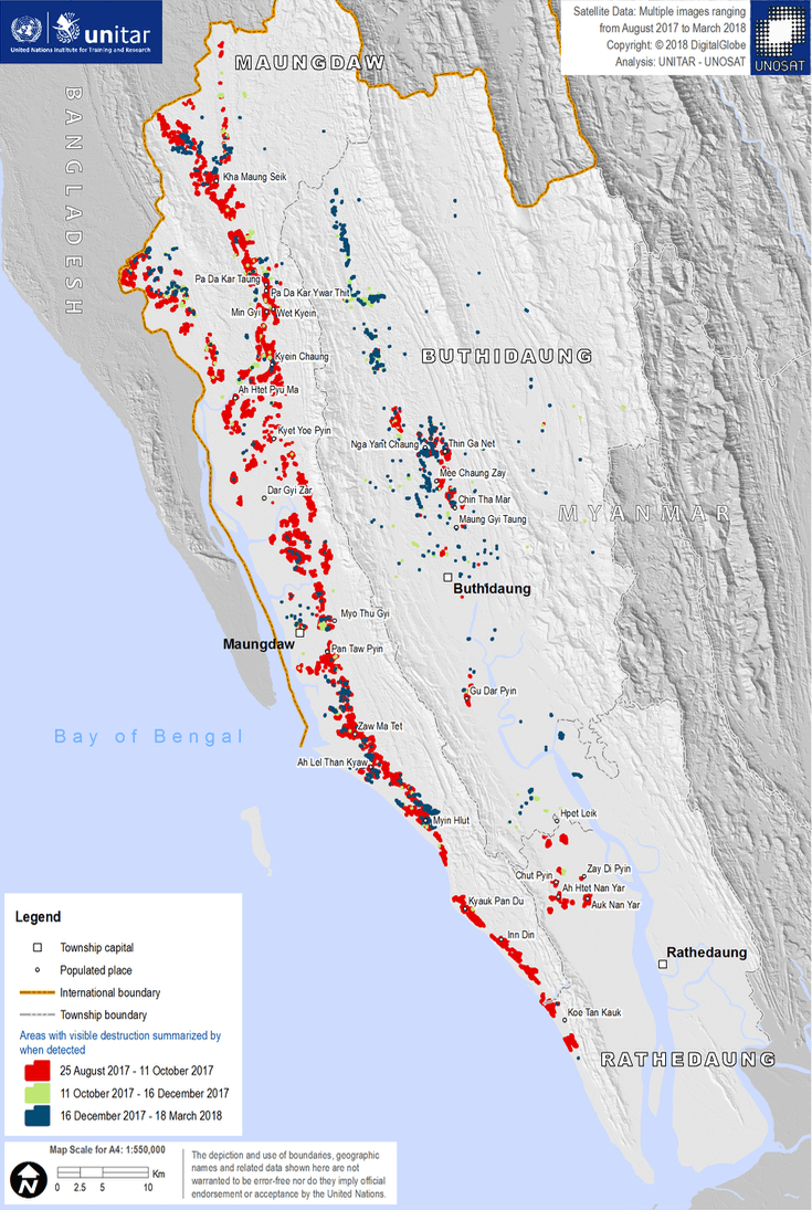 Map of Rakhine state in Myanmar, showing areas of destruction.