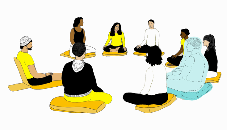 Illustration of Buddhist practitioners sitting in a meditation by Iris Gottlieb.