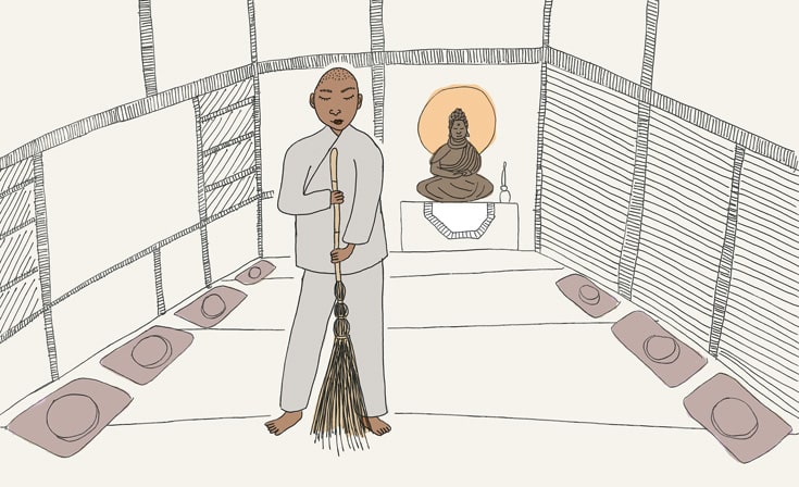 An illustration of a person in robes sweeping.