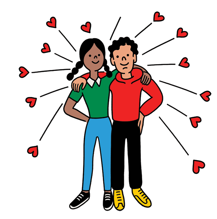 A cartoon of a woman and a man with their arms around each other.