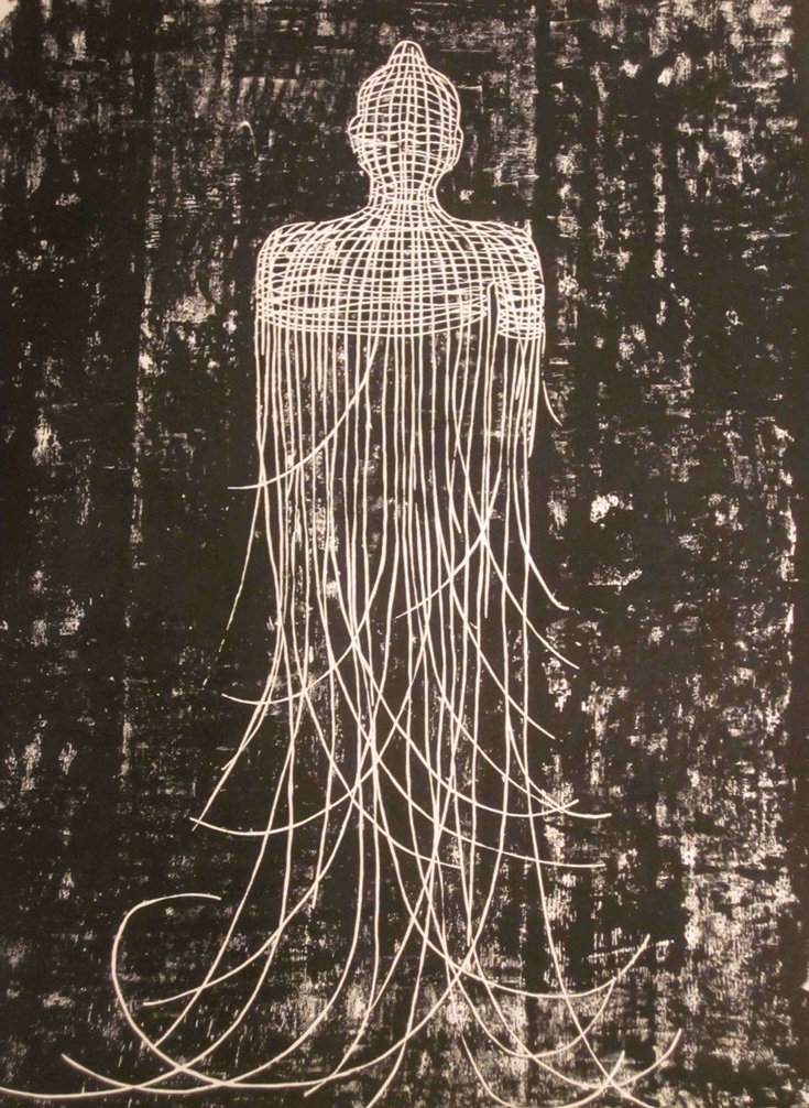 A drawing of a figure that is made out of string. The bottom half is threading apart from the top.