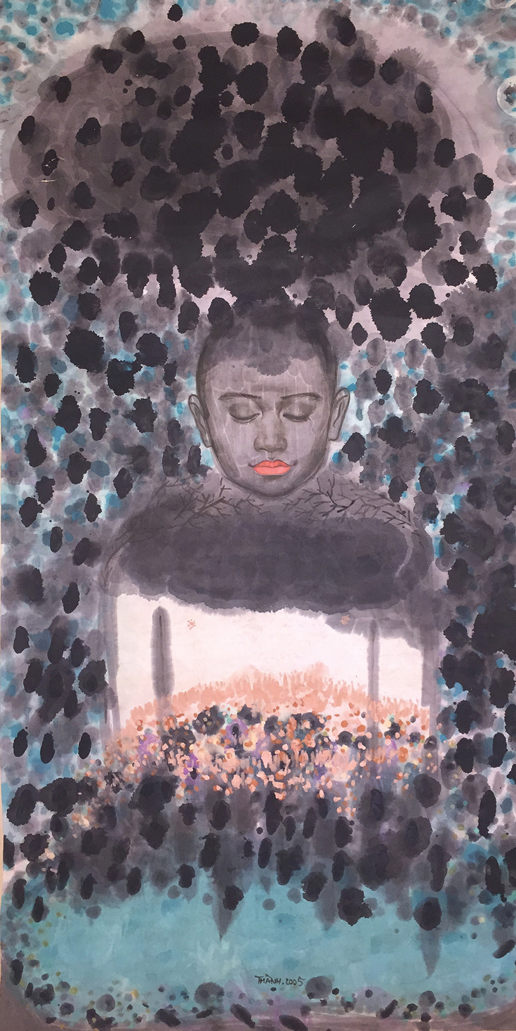 A painting of a person, with mostly purple and blue colours.