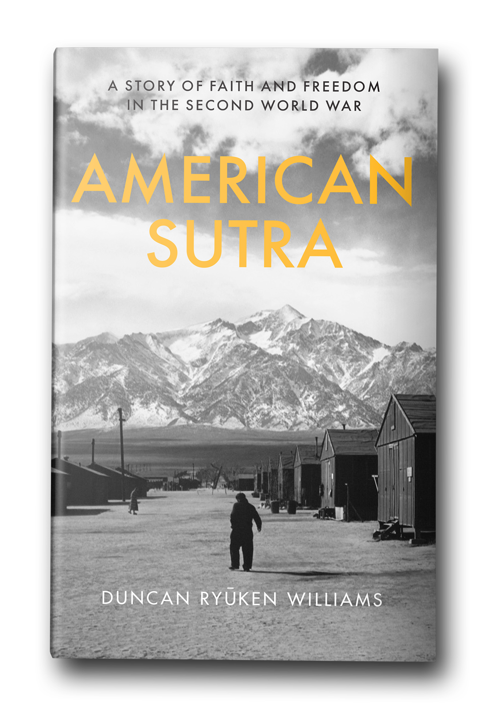 Book cover for "American Sutra." A black and white photo of a person in front of mountains.