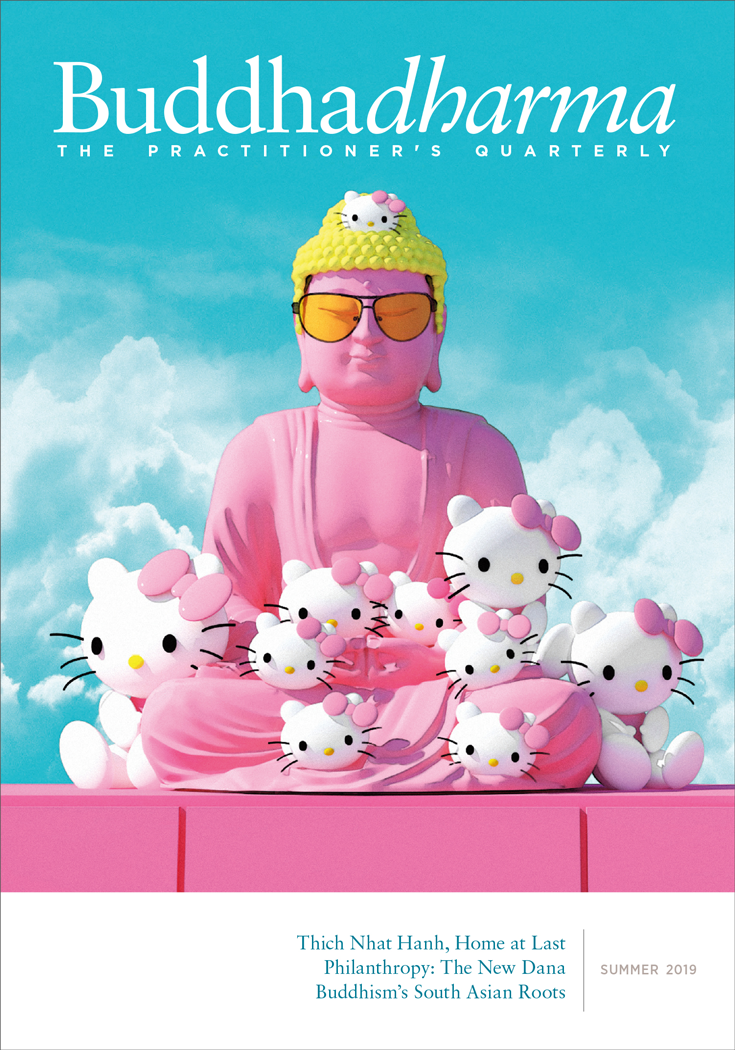 Magazine cover for Buddhadharma Summer 2019. It shows a pink Buddha statue surrounded by Hello Kittys against a bright blue sky.