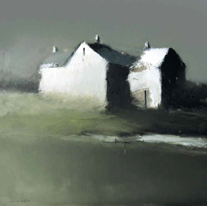 An oil painting of a large white house.