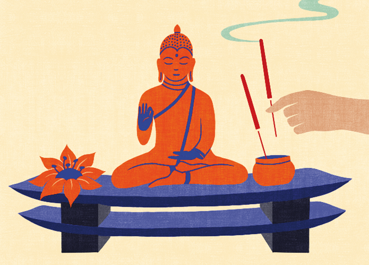 Illustration of Buddha statue and incense. 