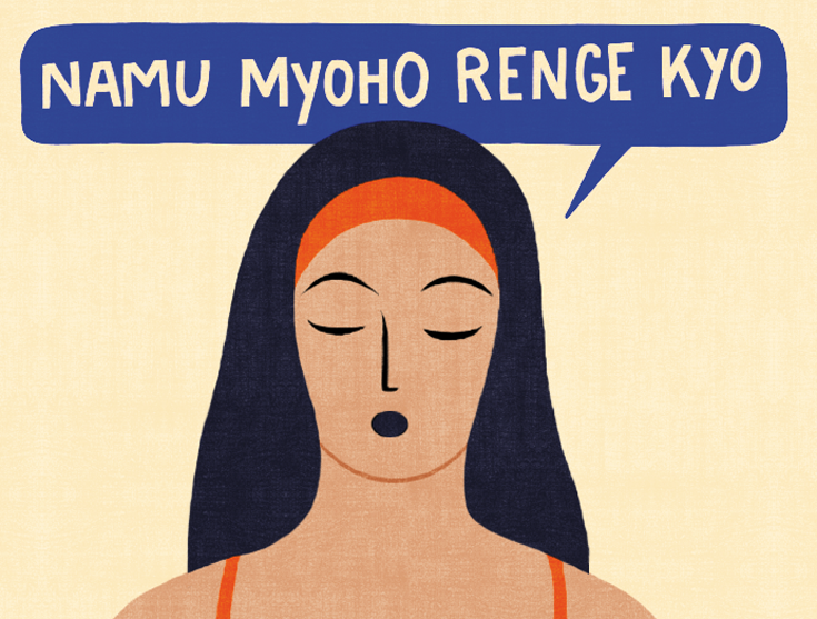 Woman meditating, "namu myoho renge kyo"