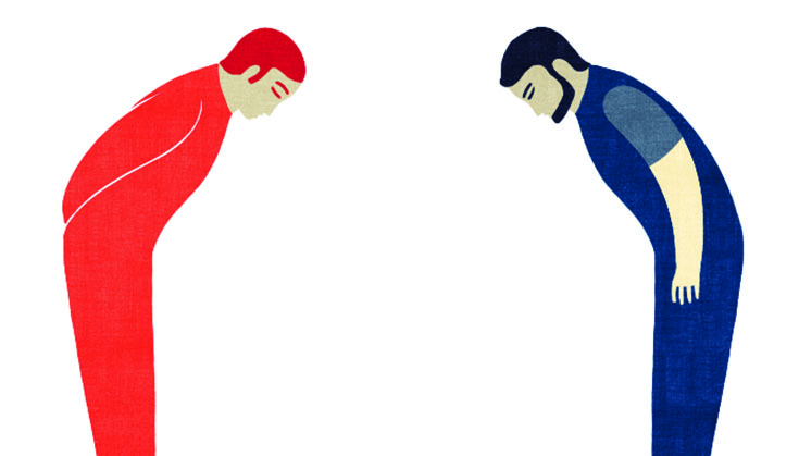 Illustration of two people bowing towards each other