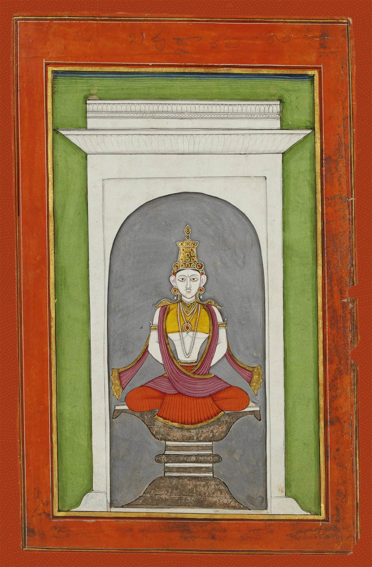 A drawing of Buddha meditating. There is a white temple around it, with a green border and red border outside of that.