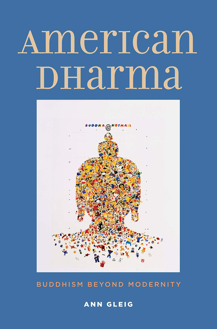 Book cover for American Dharma. The cover is blue with a painting of Buddha head made out of small objects.