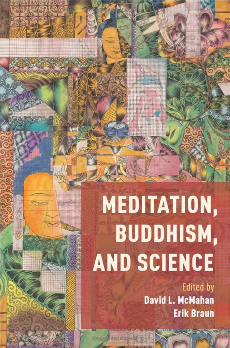 Book cover for Meditation, buddhism and science. It shows a collage and the text in the right hand corner.