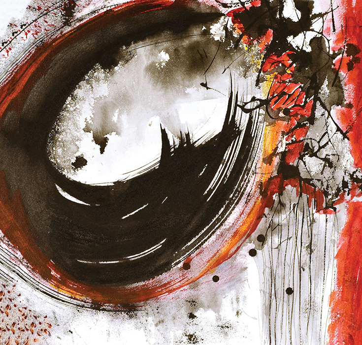 A painting with a large black swirl on a background of red, white and yellow.