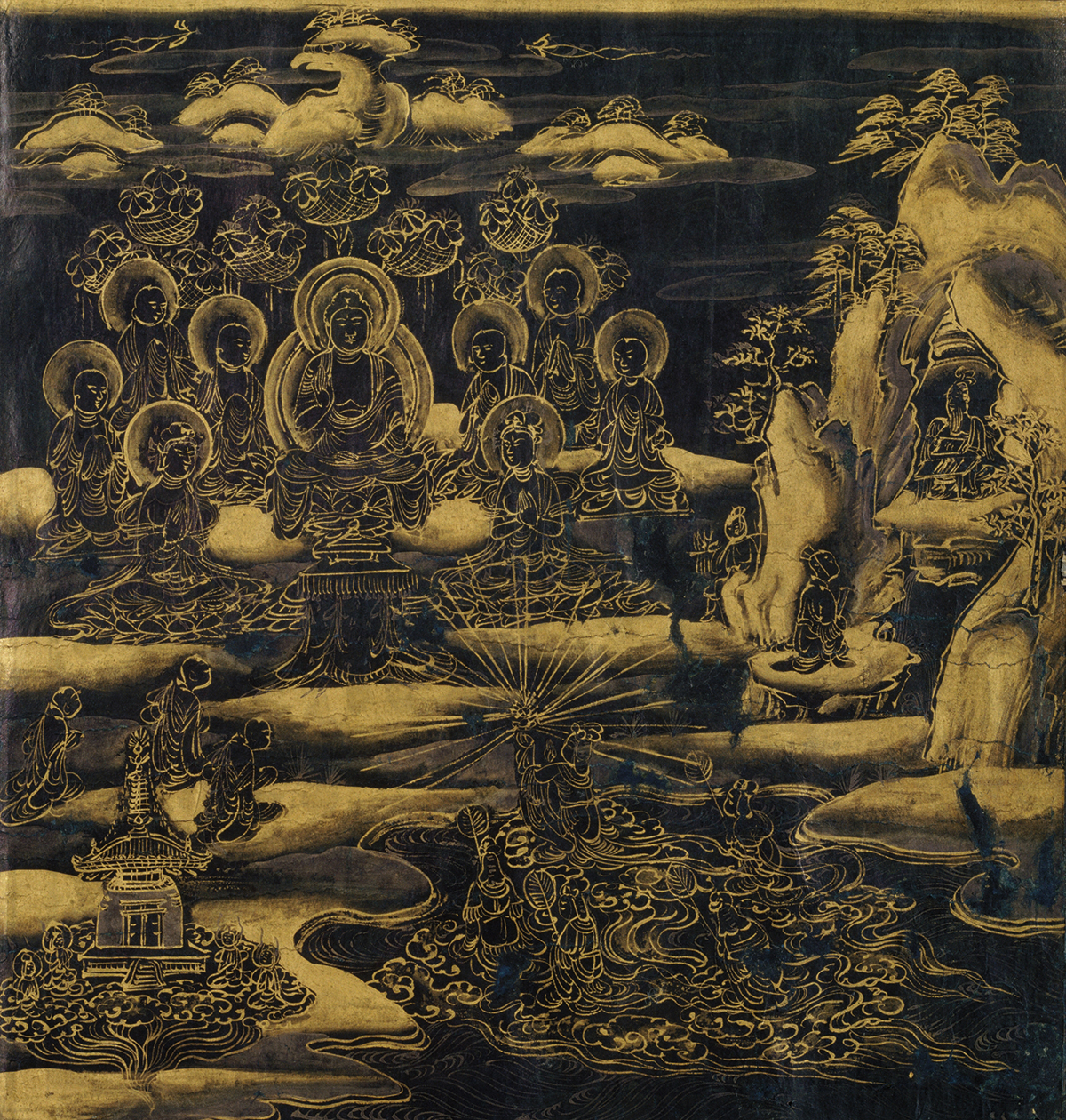 A drawing of a bunch of people all sitting with auras above their head.