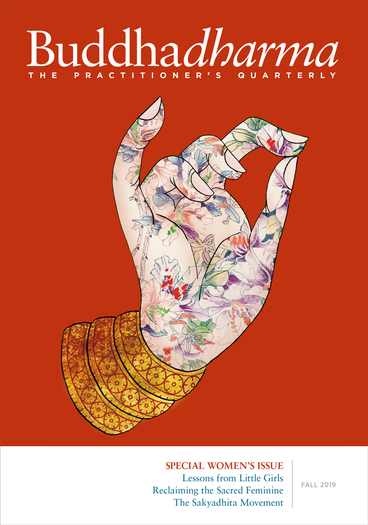 Picture of the magazine cover for Buddhadharma Fall 2019. There is a female hand with flowers drawn on it against a red background.