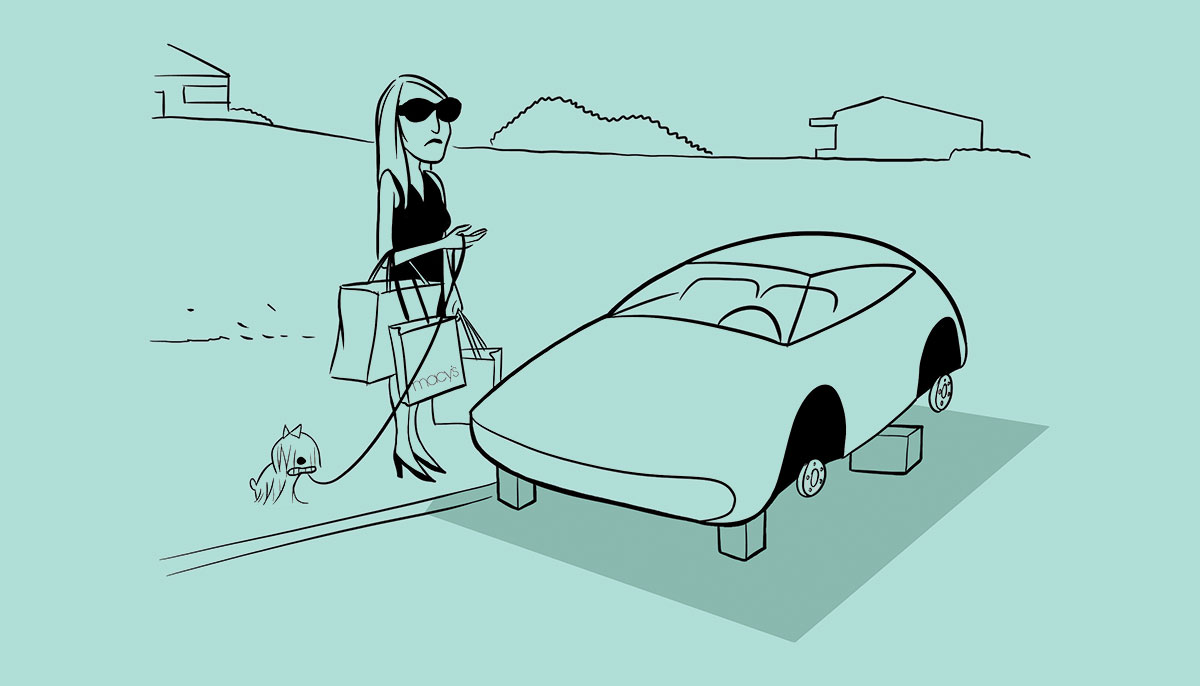 A cartoon picture of a woman with shopping bags going into a car.