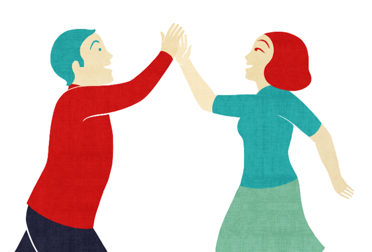 Drawing of man and woman high fiving in the air.