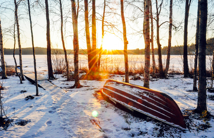 Sun peeking through scattered trees. There is a bit of snow on the ground and a turned over canoe with a dusting of snow.
