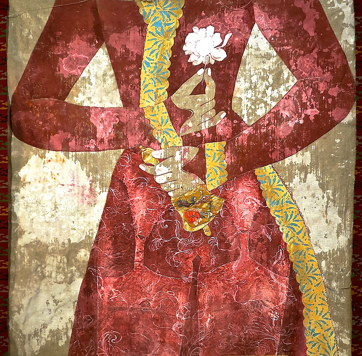A painting of a red dress with yellow trim on the dress.