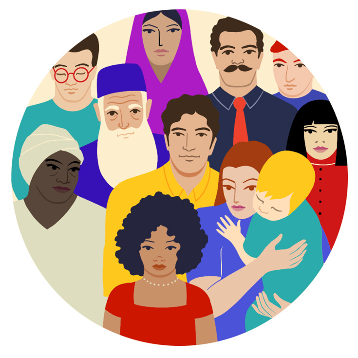 A cartoon drawing of a group of people of various ages and ethnicities.